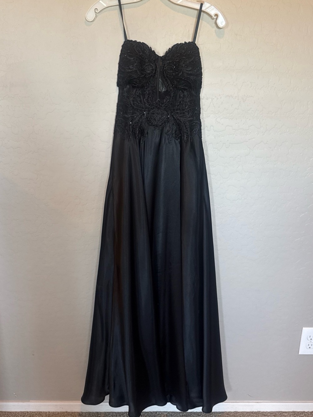 Black Embellished Spaghetti-Strap Evening Dress